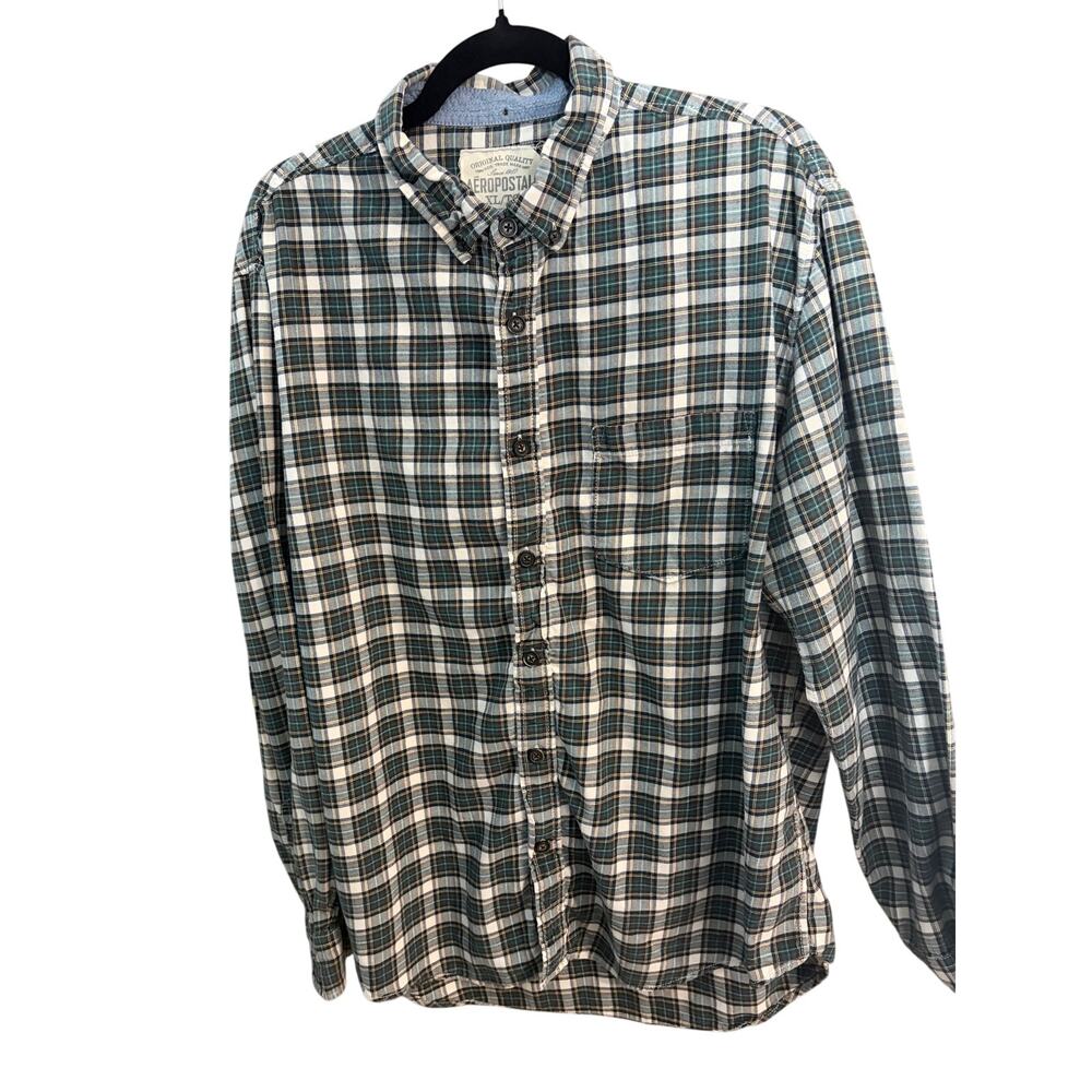 Aeropostale Plaid Flannel Shirt Men's XL Green Blue White Button Down Cotton
